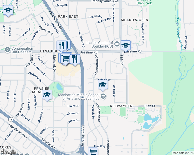 map of restaurants, bars, coffee shops, grocery stores, and more near 500 Manhattan Drive in Boulder
