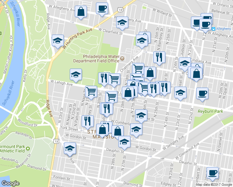 map of restaurants, bars, coffee shops, grocery stores, and more near 2834 West Lehigh Avenue in Philadelphia