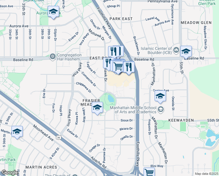 map of restaurants, bars, coffee shops, grocery stores, and more near 500 Mohawk Drive in Boulder