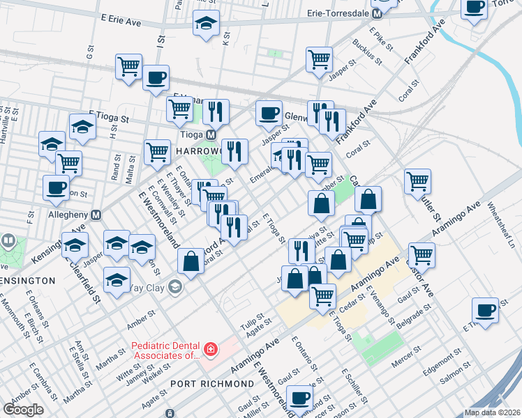 map of restaurants, bars, coffee shops, grocery stores, and more near Frankford Ave & E Tioga St in Philadelphia