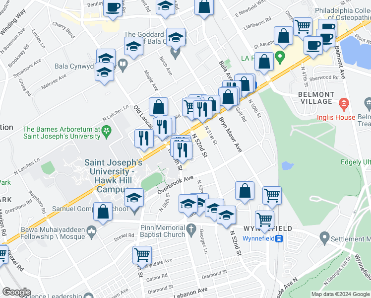 map of restaurants, bars, coffee shops, grocery stores, and more near 5232 Church Road in Philadelphia