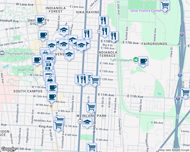 map of restaurants, bars, coffee shops, grocery stores, and more near 1645 North 4th Street in Columbus