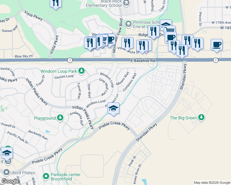 map of restaurants, bars, coffee shops, grocery stores, and more near 2661 Gray Wolf Loop in Broomfield