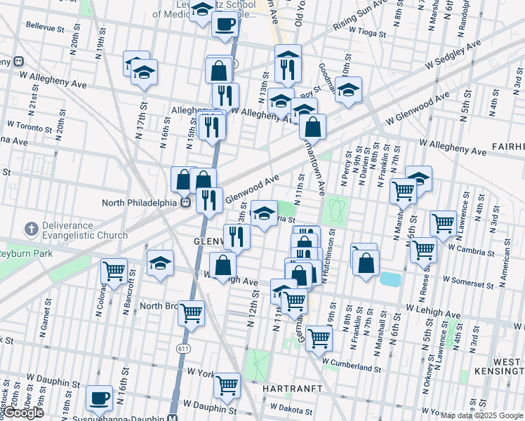map of restaurants, bars, coffee shops, grocery stores, and more near 2938 North 12th Street in Philadelphia