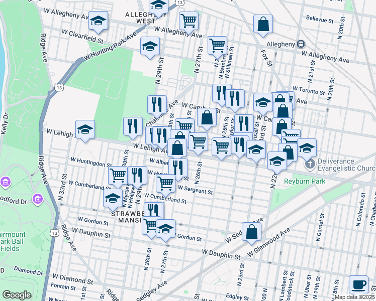 map of restaurants, bars, coffee shops, grocery stores, and more near 2637 West Lehigh Avenue in Philadelphia