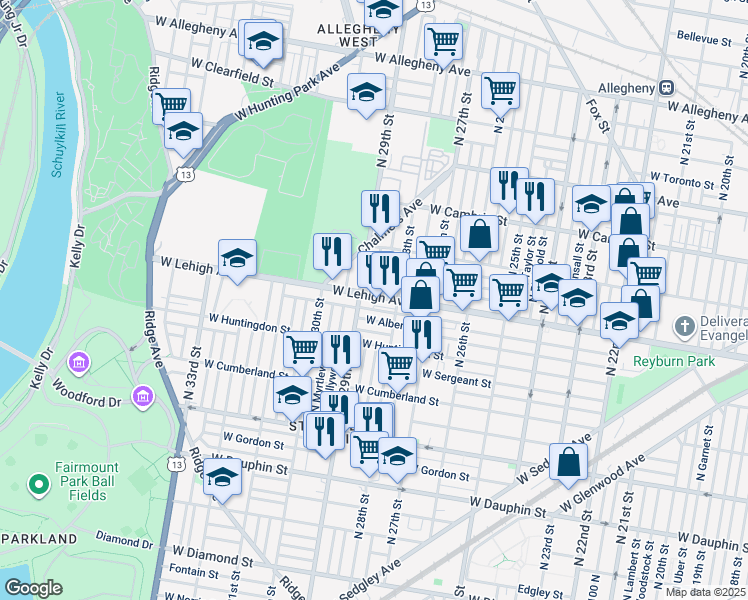 map of restaurants, bars, coffee shops, grocery stores, and more near in Philadelphia