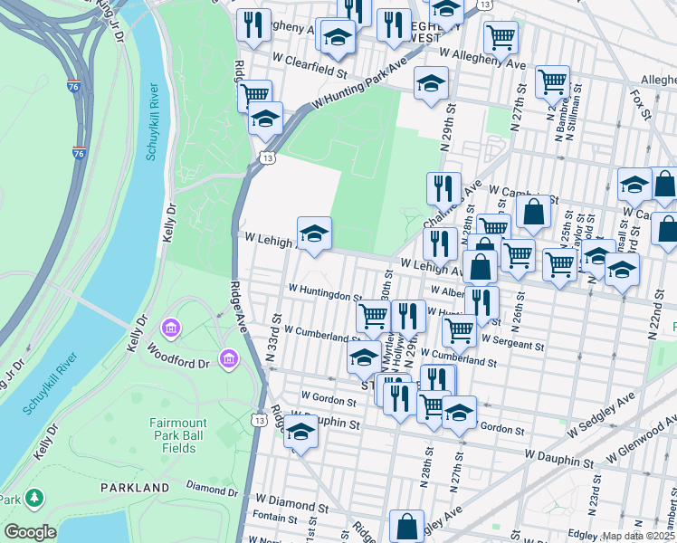 map of restaurants, bars, coffee shops, grocery stores, and more near 2638 North Napa Street in Philadelphia