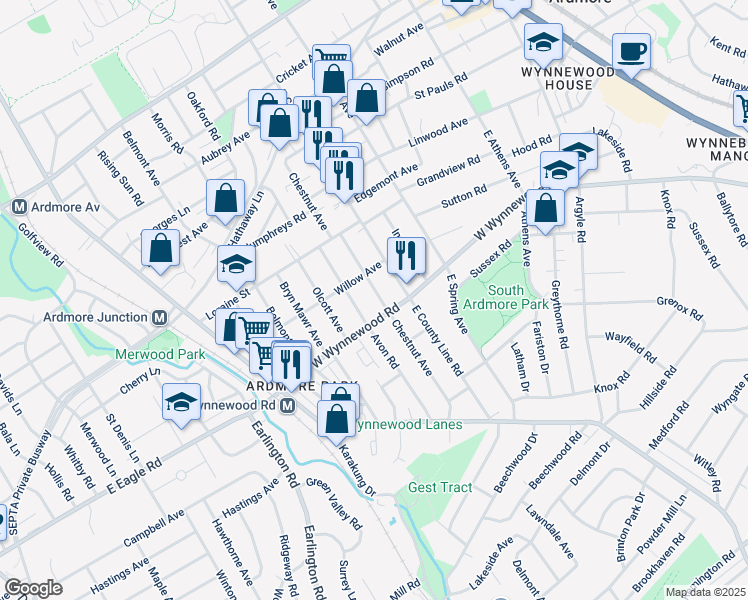 map of restaurants, bars, coffee shops, grocery stores, and more near 2414 Chestnut Avenue in Ardmore
