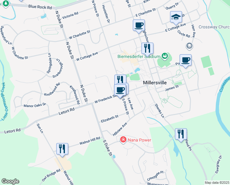 map of restaurants, bars, coffee shops, grocery stores, and more near 17 North Prince Street in Millersville
