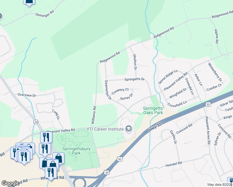 map of restaurants, bars, coffee shops, grocery stores, and more near 3619 Coventry Court in York