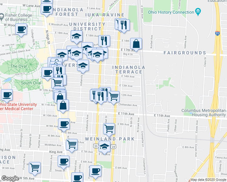 map of restaurants, bars, coffee shops, grocery stores, and more near 300 East 13th Avenue in Columbus