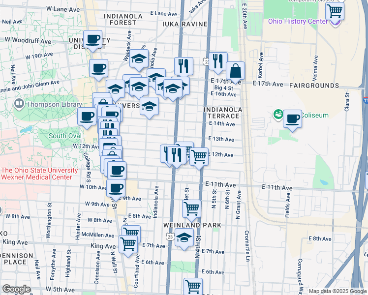 map of restaurants, bars, coffee shops, grocery stores, and more near in Columbus