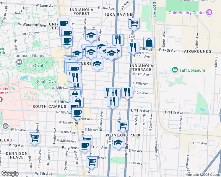 map of restaurants, bars, coffee shops, grocery stores, and more near in Columbus