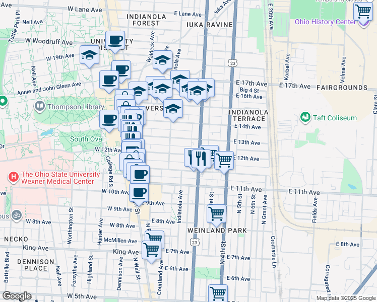 map of restaurants, bars, coffee shops, grocery stores, and more near 183 East 13th Avenue in Columbus