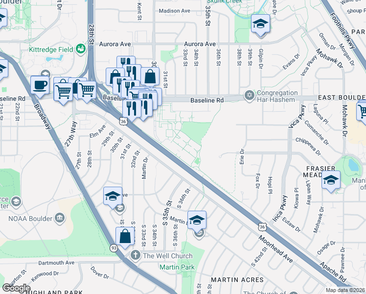 map of restaurants, bars, coffee shops, grocery stores, and more near 3275 Apache Road in Boulder