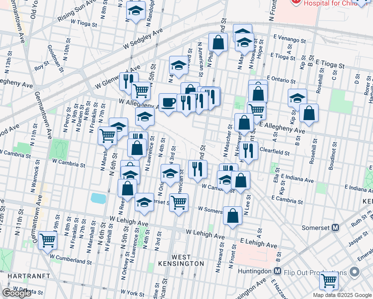 map of restaurants, bars, coffee shops, grocery stores, and more near 235 West Indiana Avenue in Philadelphia