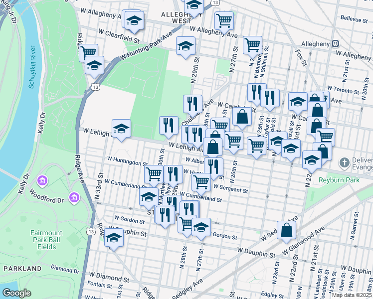 map of restaurants, bars, coffee shops, grocery stores, and more near 2840 West Lehigh Avenue in Philadelphia