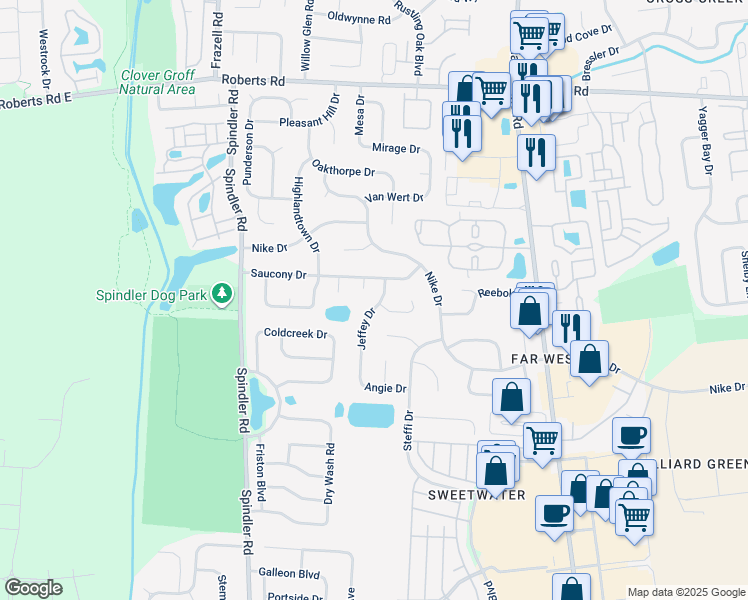 map of restaurants, bars, coffee shops, grocery stores, and more near 2211 Jeffey Drive in Hilliard