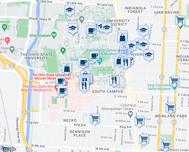 map of restaurants, bars, coffee shops, grocery stores, and more near 90 W 12th Ave in Columbus