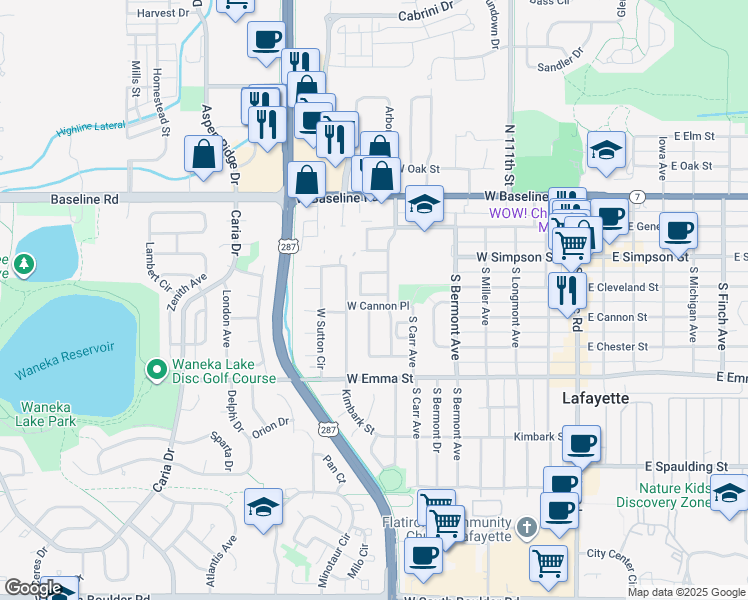 map of restaurants, bars, coffee shops, grocery stores, and more near 710 West Cleveland Circle in Lafayette