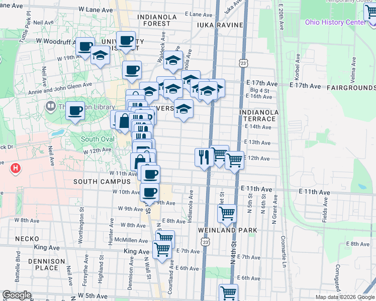 map of restaurants, bars, coffee shops, grocery stores, and more near 152 East 12th Avenue in Columbus