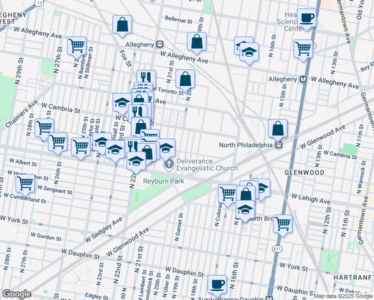 map of restaurants, bars, coffee shops, grocery stores, and more near 1925 West Somerset Street in Philadelphia