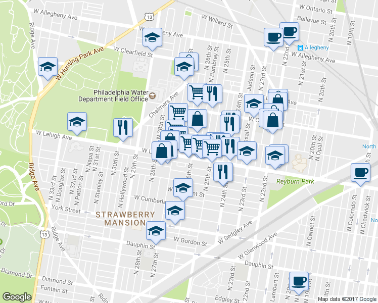 map of restaurants, bars, coffee shops, grocery stores, and more near 2606 West Sterner Street in Philadelphia