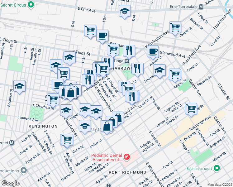 map of restaurants, bars, coffee shops, grocery stores, and more near 1922 East Thayer Street in Philadelphia