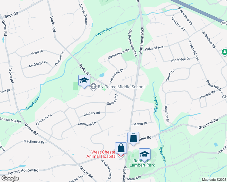 map of restaurants, bars, coffee shops, grocery stores, and more near 21 Gallop Lane in West Chester