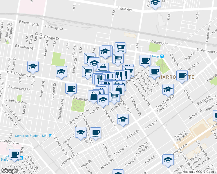 map of restaurants, bars, coffee shops, grocery stores, and more near 837 East Allegheny Avenue in Philadelphia