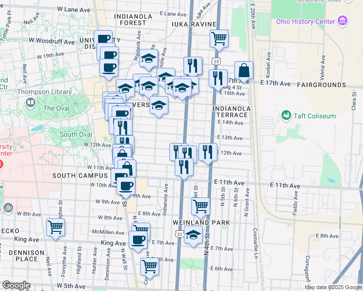 map of restaurants, bars, coffee shops, grocery stores, and more near 1661 Summit Street in Columbus