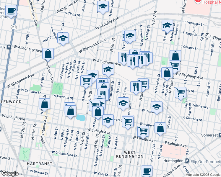 map of restaurants, bars, coffee shops, grocery stores, and more near 3010 North Lawrence Street in Philadelphia