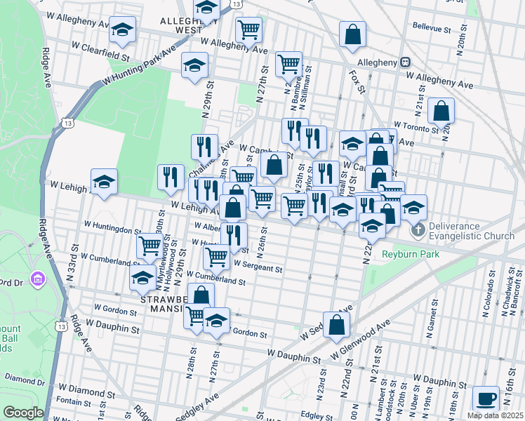map of restaurants, bars, coffee shops, grocery stores, and more near 2606 West Sterner Street in Philadelphia