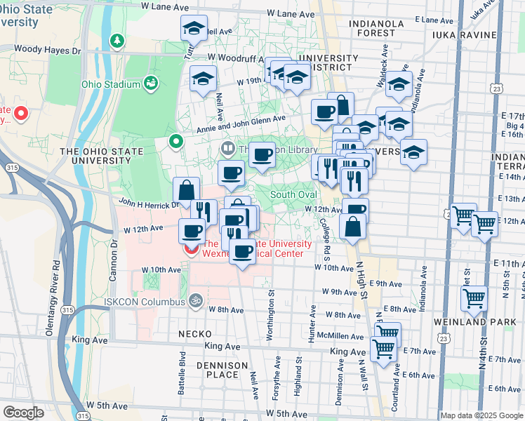 map of restaurants, bars, coffee shops, grocery stores, and more near 251 West 12th Avenue in Columbus