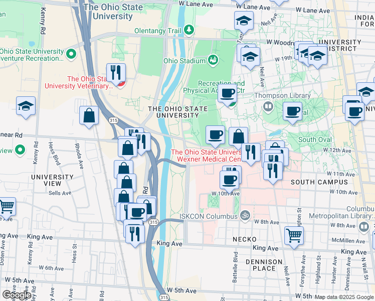 map of restaurants, bars, coffee shops, grocery stores, and more near 1740 Cannon Drive in Columbus