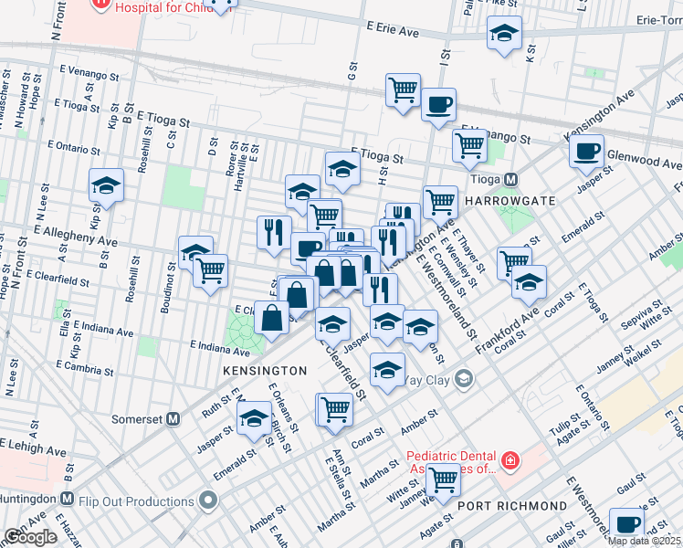 map of restaurants, bars, coffee shops, grocery stores, and more near 837 East Allegheny Avenue in Philadelphia
