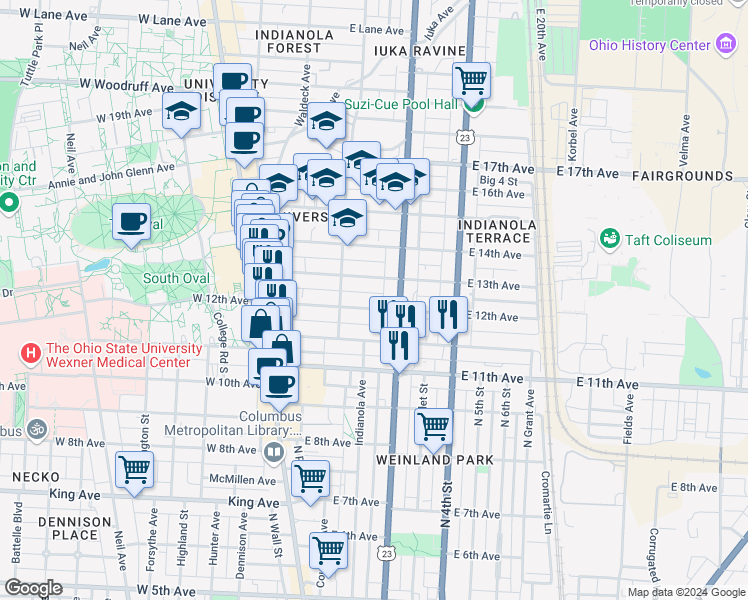 map of restaurants, bars, coffee shops, grocery stores, and more near 180 East 12th Avenue in Columbus