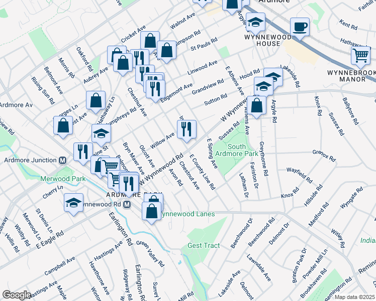 map of restaurants, bars, coffee shops, grocery stores, and more near Wynnewood Road in Ardmore