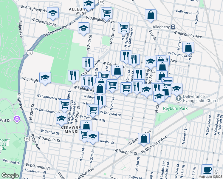 map of restaurants, bars, coffee shops, grocery stores, and more near 2612 West Sterner Street in Philadelphia