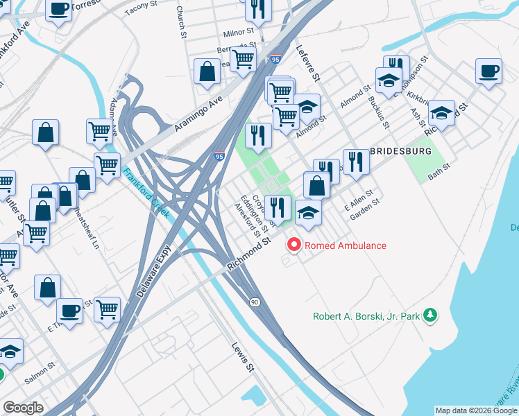 map of restaurants, bars, coffee shops, grocery stores, and more near 2641 Croydon Street in Philadelphia