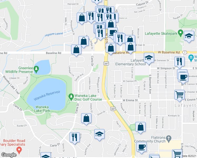 map of restaurants, bars, coffee shops, grocery stores, and more near Wellington Ave & Dorset Ct in Lafayette