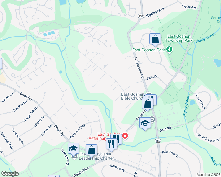 map of restaurants, bars, coffee shops, grocery stores, and more near 940 Cornwallis Drive in West Chester