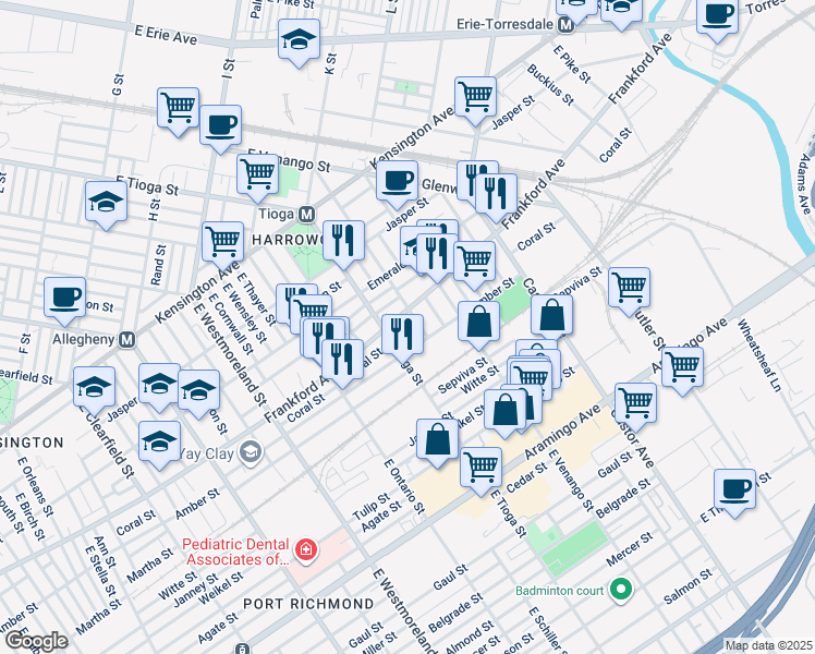 map of restaurants, bars, coffee shops, grocery stores, and more near 2059 Clarence Street in Philadelphia