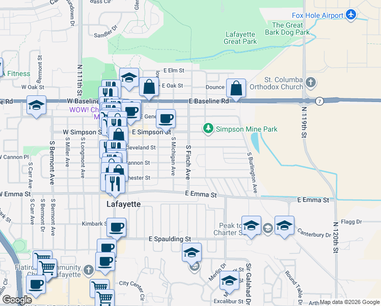 map of restaurants, bars, coffee shops, grocery stores, and more near 601 East Cleveland Street in Lafayette