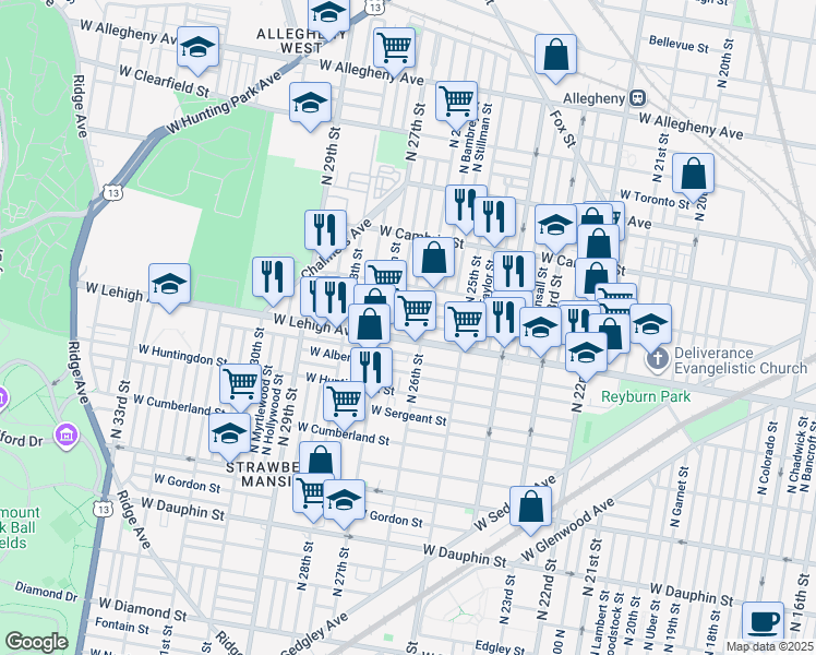 map of restaurants, bars, coffee shops, grocery stores, and more near 2618 West Sterner Street in Philadelphia