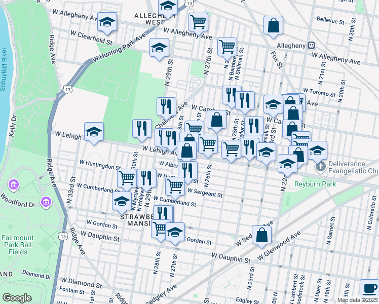 map of restaurants, bars, coffee shops, grocery stores, and more near 2707 West Lehigh Avenue in Philadelphia