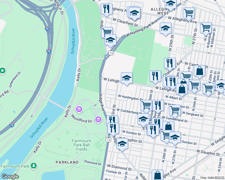 map of restaurants, bars, coffee shops, grocery stores, and more near 3317 West Harold Street in Philadelphia