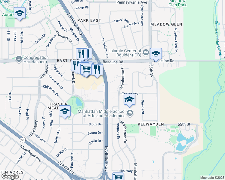 map of restaurants, bars, coffee shops, grocery stores, and more near 501 Manhattan Drive in Boulder