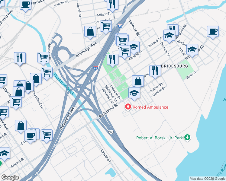 map of restaurants, bars, coffee shops, grocery stores, and more near 2641 Croydon Street in Philadelphia