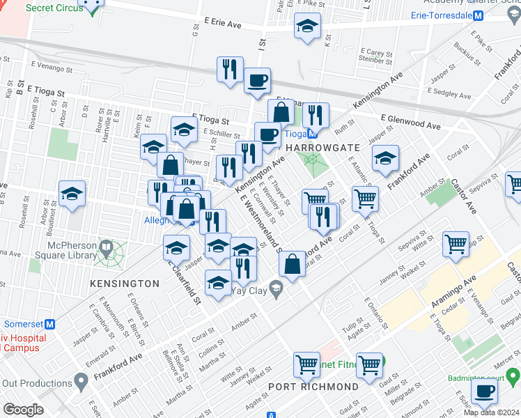 map of restaurants, bars, coffee shops, grocery stores, and more near 1841 East Cornwall Street in Philadelphia